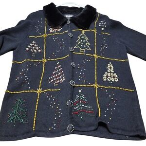 Studio Joy Sweater Cardigan Women M Black Beaded Christmas Trees Faux Fur Collar